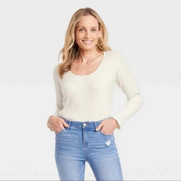 Knox Rose cream ribbed long sleeve scoop neck tee size medium P2 - Picture 1 of 8